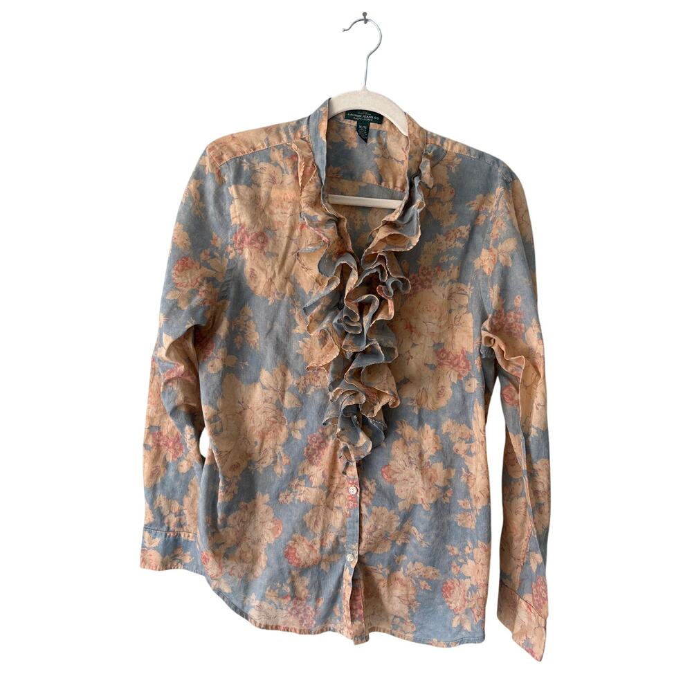 Lauren Ralph Lauren Orange and Gray Floral Ruffle Front Blouse XL